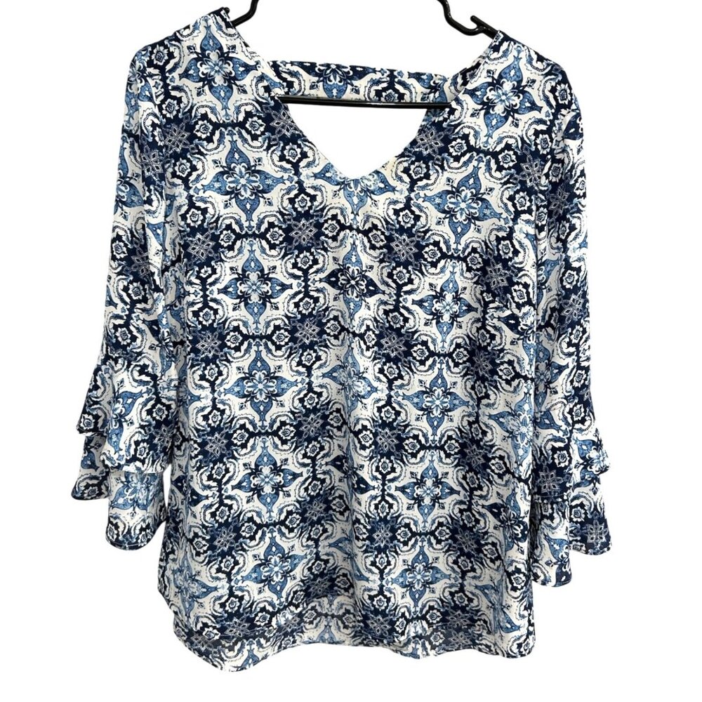 Blue White Printed Patterned Bell Sleeve Womens Blouse
